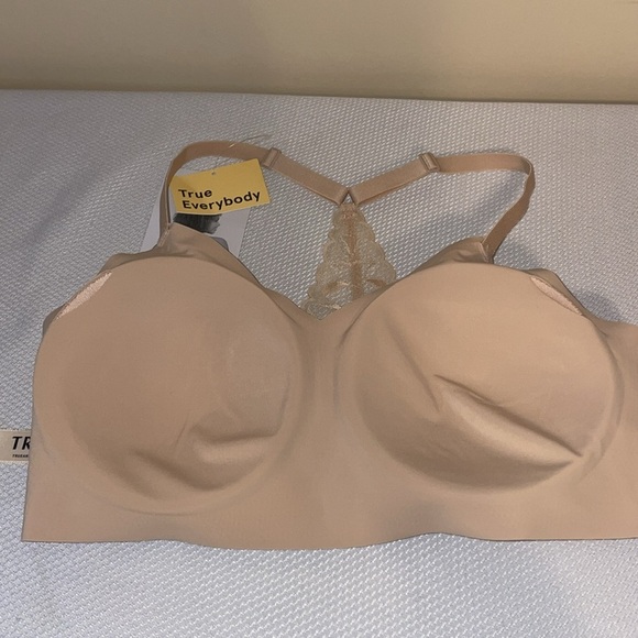 True & Co woman’s bra large check racerback lace nude NWT wireless soft seamless - Picture 4 of 9